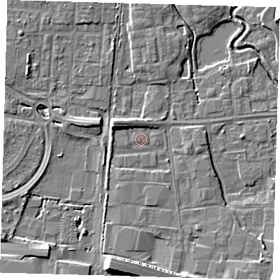 Shaded relief map of the ground around EN87TF, computed from Environment Agency LiDAR. The ground here sits at about 19 m above sea level and falls 10 m across the surrounding 800 m. Surface water reaching this point runs off ground lying to the west-north-west, 5.4 m higher.