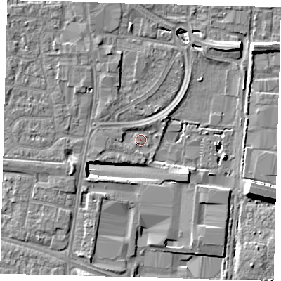 Shaded relief map of the ground around EN87TJ, computed from Environment Agency LiDAR. The ground here sits at about 19 m above sea level and falls 14 m across the surrounding 800 m. Surface water reaching this point runs off ground lying to the south-east, 9.2 m higher.