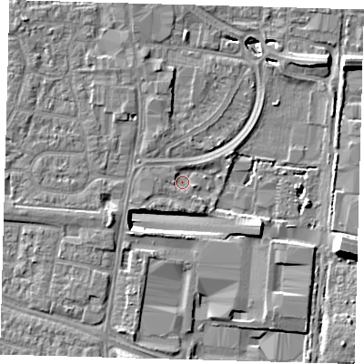 Shaded relief map of the ground around EN87TL, computed from Environment Agency LiDAR. The ground here sits at about 19 m above sea level and falls 14 m across the surrounding 800 m. Surface water reaching this point runs off ground lying to the west, 1.5 m higher.