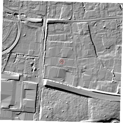 Shaded relief map of the ground around EN87UD, computed from Environment Agency LiDAR. The ground here sits at about 20 m above sea level and falls 10 m across the surrounding 800 m. Surface water reaching this point runs off ground lying to the south, 7.9 m higher.