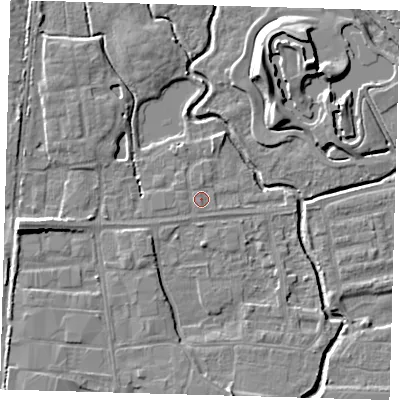 Shaded relief map of the ground around EN87XA, computed from Environment Agency LiDAR. The ground here sits at about 19 m above sea level and falls 10 m across the surrounding 800 m. Surface water reaching this point runs off ground lying to the north, 0.6 m higher.