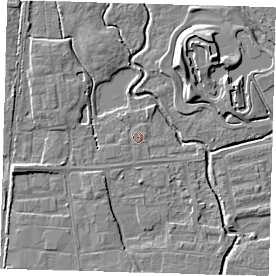 Shaded relief map of the ground around EN87XB, computed from Environment Agency LiDAR. The ground here sits at about 19 m above sea level and falls 10 m across the surrounding 800 m. Surface water reaching this point runs off ground lying to the south-south-east, 0.6 m higher.