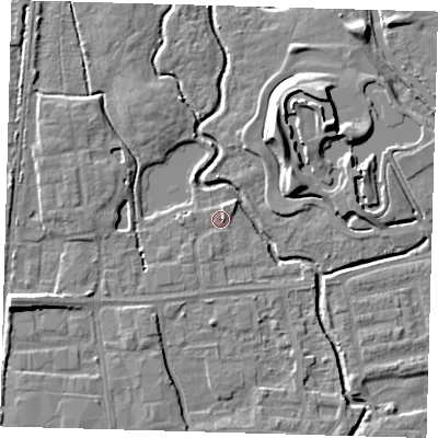 Shaded relief map of the ground around EN87XD, computed from Environment Agency LiDAR. The ground here sits at about 19 m above sea level and falls 10 m across the surrounding 800 m. Surface water reaching this point runs off ground lying to the north-east, 1.5 m higher.