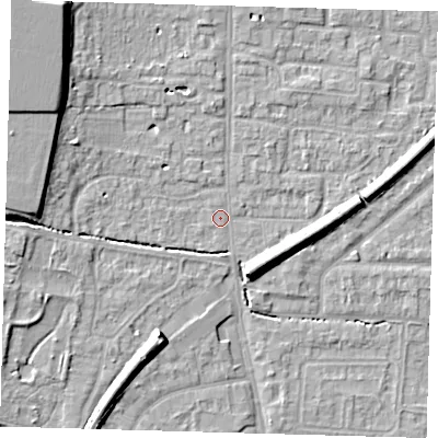 Shaded relief map of the ground around EN88EB, computed from Environment Agency LiDAR. The ground here sits at about 22 m above sea level and falls 12 m across the surrounding 800 m. Surface water reaching this point runs off ground lying to the west, 2.8 m higher.