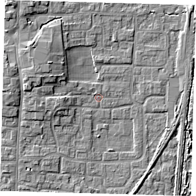 Shaded relief map of the ground around EN88FA, computed from Environment Agency LiDAR. The ground here sits at about 21 m above sea level and falls 9 m across the surrounding 800 m. Surface water reaching this point runs off ground lying to the west-north-west, 5.9 m higher.