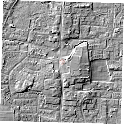 Shaded relief map of the ground around EN88FH, computed from Environment Agency LiDAR. The ground here sits at about 25 m above sea level and falls 9 m across the surrounding 800 m. Surface water reaching this point runs off ground lying to the south-west, 2.1 m higher.