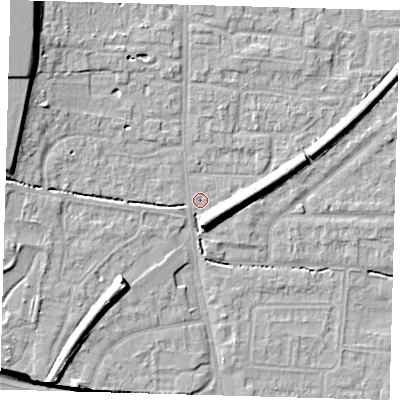 Shaded relief map of the ground around EN88JG, computed from Environment Agency LiDAR. The ground here sits at about 22 m above sea level and falls 14 m across the surrounding 800 m. Surface water reaching this point runs off ground lying to the south-south-east, 5.7 m higher.