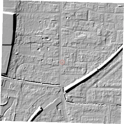 Shaded relief map of the ground around EN88JQ, computed from Environment Agency LiDAR. The ground here sits at about 22 m above sea level and falls 12 m across the surrounding 800 m. Surface water reaching this point runs off ground lying to the north-west, 9.5 m higher.