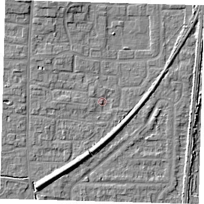 Shaded relief map of the ground around EN88JZ, computed from Environment Agency LiDAR. The ground here sits at about 21 m above sea level and falls 9 m across the surrounding 800 m. Surface water reaching this point runs off ground lying to the south-west, 7.2 m higher.