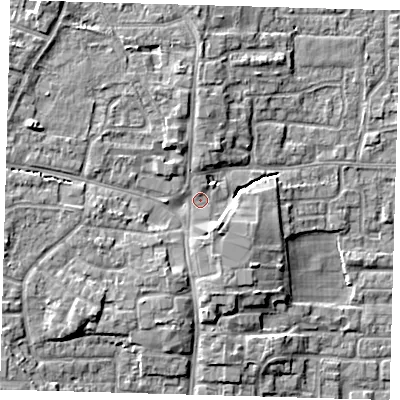 Shaded relief map of the ground around EN88LQ, computed from Environment Agency LiDAR. The ground here sits at about 24 m above sea level and falls 9 m across the surrounding 800 m. Surface water reaching this point runs off ground lying to the north-west, 4.2 m higher.