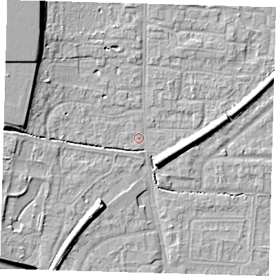 Shaded relief map of the ground around EN88LR, computed from Environment Agency LiDAR. The ground here sits at about 22 m above sea level and falls 13 m across the surrounding 800 m. Surface water reaching this point runs off ground lying to the west, 4.2 m higher.