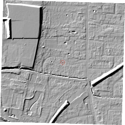 Shaded relief map of the ground around EN88LS, computed from Environment Agency LiDAR. The ground here sits at about 23 m above sea level and falls 19 m across the surrounding 800 m. Surface water reaching this point runs off ground lying to the west-north-west, 7.1 m higher.