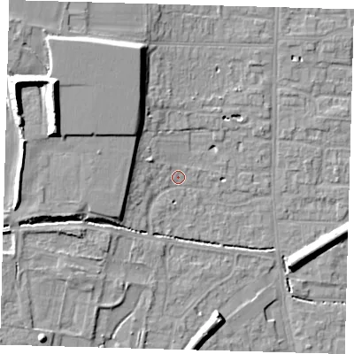 Shaded relief map of the ground around EN88LT, computed from Environment Agency LiDAR. The ground here sits at about 23 m above sea level and falls 19 m across the surrounding 800 m. Surface water reaching this point runs off ground lying to the west-north-west, 6.5 m higher.