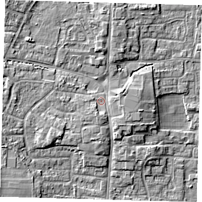 Shaded relief map of the ground around EN88NR, computed from Environment Agency LiDAR. The ground here sits at about 25 m above sea level and falls 9 m across the surrounding 800 m. Surface water reaching this point runs off ground lying to the south-south-west, 2.0 m higher.