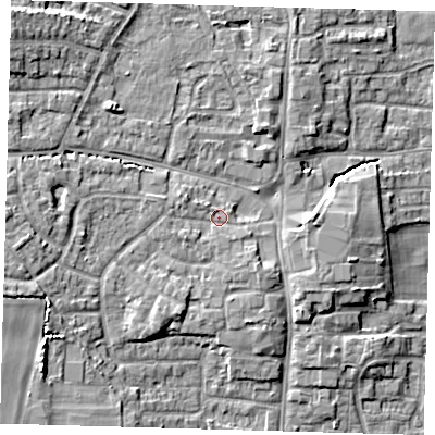 Shaded relief map of the ground around EN88NS, computed from Environment Agency LiDAR. The ground here sits at about 25 m above sea level and falls 10 m across the surrounding 800 m. Surface water reaching this point runs off ground lying to the west-north-west, 1.2 m higher.
