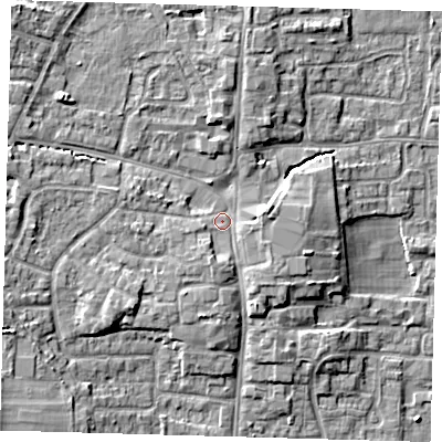 Shaded relief map of the ground around EN88NT, computed from Environment Agency LiDAR. The ground here sits at about 25 m above sea level and falls 9 m across the surrounding 800 m. Surface water reaching this point runs off ground lying to the south-south-west, 2.2 m higher.