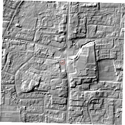 Shaded relief map of the ground around EN88NU, computed from Environment Agency LiDAR. The ground here sits at about 25 m above sea level and falls 9 m across the surrounding 800 m. Surface water reaching this point runs off ground lying to the south-south-west, 2.1 m higher.