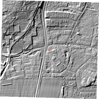 Shaded relief map of the ground around EN88NZ, computed from Environment Agency LiDAR. The ground here sits at about 28 m above sea level and falls 14 m across the surrounding 800 m. Surface water reaching this point runs off ground lying to the south-south-west, 2.2 m higher.