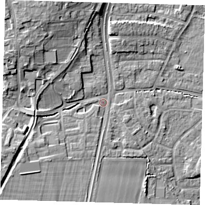 Shaded relief map of the ground around EN88PA, computed from Environment Agency LiDAR. The ground here sits at about 28 m above sea level and falls 14 m across the surrounding 800 m. Surface water reaching this point runs off ground lying to the south-west, 6.6 m higher.
