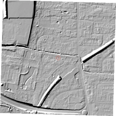Shaded relief map of the ground around EN88RH, computed from Environment Agency LiDAR. The ground here sits at about 23 m above sea level and falls 21 m across the surrounding 800 m. Surface water reaching this point runs off ground lying to the west, 2.1 m higher.