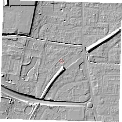Shaded relief map of the ground around EN88RJ, computed from Environment Agency LiDAR. The ground here sits at about 23 m above sea level and falls 20 m across the surrounding 800 m. Surface water reaching this point runs off ground lying to the west-north-west, 4.7 m higher.
