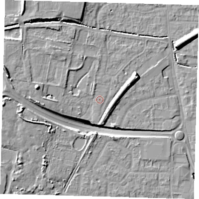 Shaded relief map of the ground around EN88RL, computed from Environment Agency LiDAR. The ground here sits at about 24 m above sea level and falls 16 m across the surrounding 800 m. Surface water reaching this point runs off ground lying to the west-north-west, 9.2 m higher.