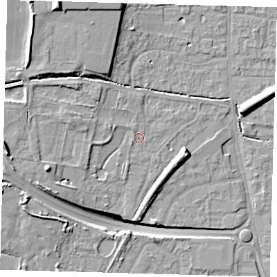 Shaded relief map of the ground around EN88RN, computed from Environment Agency LiDAR. The ground here sits at about 24 m above sea level and falls 19 m across the surrounding 800 m. Surface water reaching this point runs off ground lying to the north-north-west, 1.0 m higher.