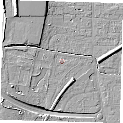 Shaded relief map of the ground around EN88RP, computed from Environment Agency LiDAR. The ground here sits at about 24 m above sea level and falls 21 m across the surrounding 800 m. Surface water reaching this point runs off ground lying to the west-north-west, 4.5 m higher.