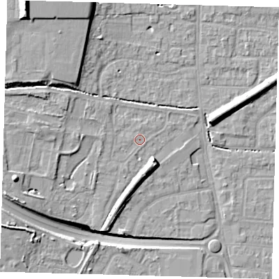 Shaded relief map of the ground around EN88RR, computed from Environment Agency LiDAR. The ground here sits at about 24 m above sea level and falls 21 m across the surrounding 800 m. Surface water reaching this point runs off ground lying to the west-north-west, 4.7 m higher.