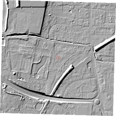 Shaded relief map of the ground around EN88RW, computed from Environment Agency LiDAR. The ground here sits at about 24 m above sea level and falls 21 m across the surrounding 800 m. Surface water reaching this point runs off ground lying to the west, 1.3 m higher.