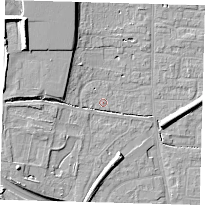 Shaded relief map of the ground around EN88SH, computed from Environment Agency LiDAR. The ground here sits at about 23 m above sea level and falls 19 m across the surrounding 800 m. Surface water reaching this point runs off ground lying to the west, 1.4 m higher.