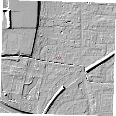 Shaded relief map of the ground around EN88SJ, computed from Environment Agency LiDAR. The ground here sits at about 23 m above sea level and falls 19 m across the surrounding 800 m. Surface water reaching this point runs off ground lying to the west, 1.9 m higher.