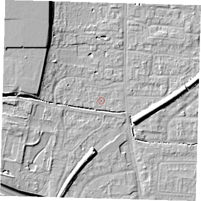 Shaded relief map of the ground around EN88SL, computed from Environment Agency LiDAR. The ground here sits at about 22 m above sea level and falls 13 m across the surrounding 800 m. Surface water reaching this point runs off ground lying to the west, 7.6 m higher.