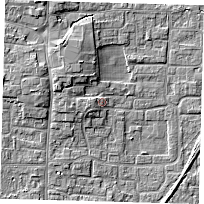 Shaded relief map of the ground around EN88SR, computed from Environment Agency LiDAR. The ground here sits at about 23 m above sea level and falls 7 m across the surrounding 800 m. Surface water reaching this point runs off ground lying to the west, 2.7 m higher.