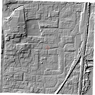 Shaded relief map of the ground around EN88SS, computed from Environment Agency LiDAR. The ground here sits at about 21 m above sea level and falls 8 m across the surrounding 800 m. Surface water reaching this point runs off ground lying to the west-north-west, 6.5 m higher.