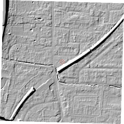 Shaded relief map of the ground around EN88TE, computed from Environment Agency LiDAR. The ground here sits at about 22 m above sea level and falls 14 m across the surrounding 800 m. Surface water reaching this point runs off ground lying to the south-south-west, 5.7 m higher.