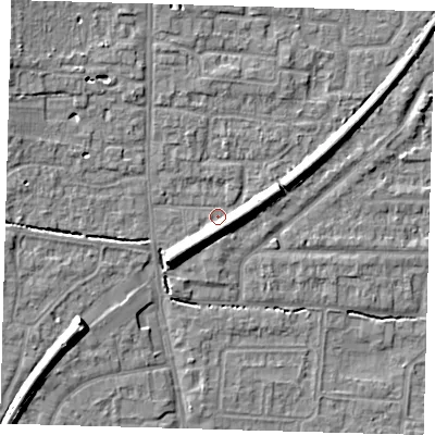 Shaded relief map of the ground around EN88TF, computed from Environment Agency LiDAR. The ground here sits at about 22 m above sea level and falls 9 m across the surrounding 800 m. Surface water reaching this point runs off ground lying to the south-west, 6.0 m higher.