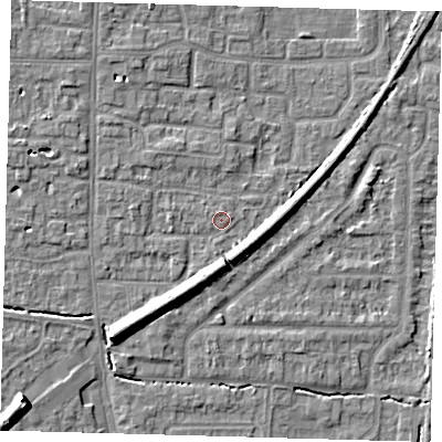 Shaded relief map of the ground around EN88TG, computed from Environment Agency LiDAR. The ground here sits at about 21 m above sea level and falls 10 m across the surrounding 800 m. Surface water reaching this point runs off ground lying to the south-west, 6.2 m higher.