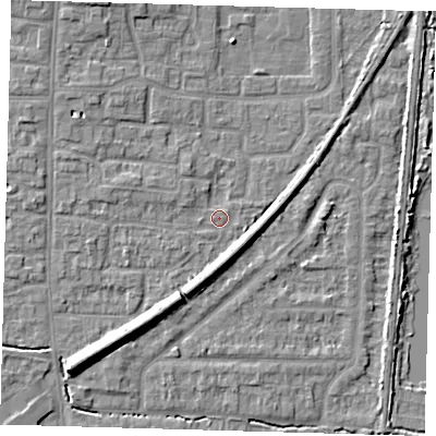 Shaded relief map of the ground around EN88TH, computed from Environment Agency LiDAR. The ground here sits at about 21 m above sea level and falls 9 m across the surrounding 800 m. Surface water reaching this point runs off ground lying to the south-west, 7.0 m higher.