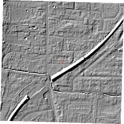 Shaded relief map of the ground around EN88TN, computed from Environment Agency LiDAR. The ground here sits at about 22 m above sea level and falls 9 m across the surrounding 800 m. Surface water reaching this point runs off ground lying to the south-south-west, 6.0 m higher.