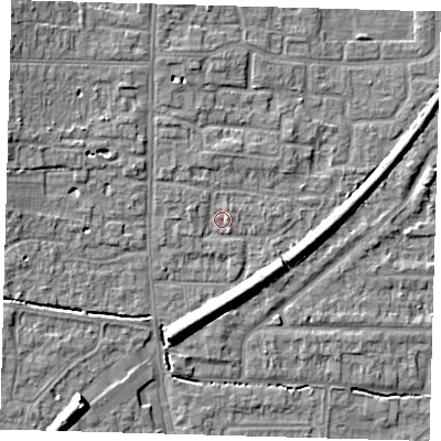 Shaded relief map of the ground around EN88TQ, computed from Environment Agency LiDAR. The ground here sits at about 22 m above sea level and falls 9 m across the surrounding 800 m. Surface water reaching this point runs off ground lying to the west-north-west, 1.2 m higher.