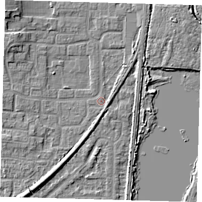 Shaded relief map of the ground around EN88TR, computed from Environment Agency LiDAR. The ground here sits at about 20 m above sea level and falls 8 m across the surrounding 800 m. Surface water reaching this point runs off ground lying to the south-west, 5.7 m higher.