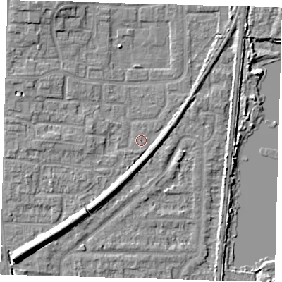 Shaded relief map of the ground around EN88TU, computed from Environment Agency LiDAR. The ground here sits at about 21 m above sea level and falls 9 m across the surrounding 800 m. Surface water reaching this point runs off ground lying to the south-south-west, 0.5 m higher.