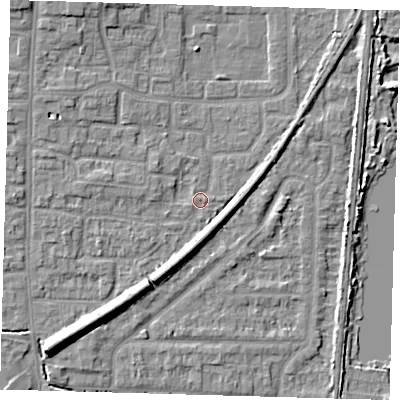 Shaded relief map of the ground around EN88TW, computed from Environment Agency LiDAR. The ground here sits at about 21 m above sea level and falls 9 m across the surrounding 800 m. Surface water reaching this point runs off ground lying to the south-west, 7.0 m higher.