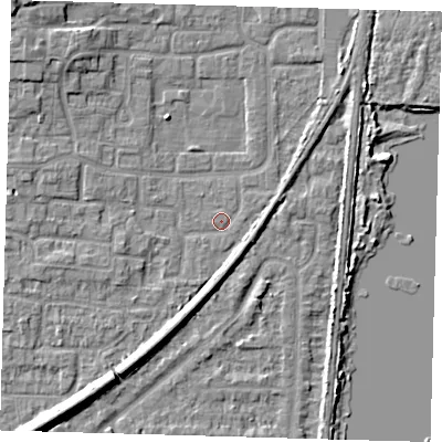 Shaded relief map of the ground around EN88TY, computed from Environment Agency LiDAR. The ground here sits at about 20 m above sea level and falls 9 m across the surrounding 800 m. Surface water reaching this point runs off ground lying to the south-west, 7.0 m higher.