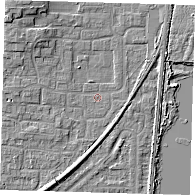 Shaded relief map of the ground around EN88UA, computed from Environment Agency LiDAR. The ground here sits at about 20 m above sea level and falls 8 m across the surrounding 800 m. Surface water reaching this point runs off ground lying to the south-south-west, 6.3 m higher.