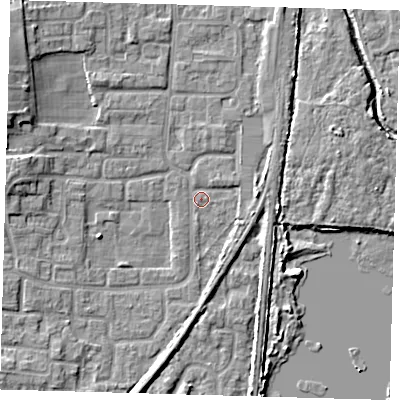 Shaded relief map of the ground around EN88UB, computed from Environment Agency LiDAR. The ground here sits at about 20 m above sea level and falls 7 m across the surrounding 800 m. Surface water reaching this point runs off ground lying to the west, 3.7 m higher.