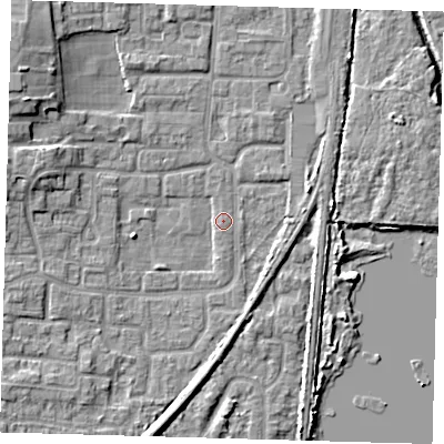 Shaded relief map of the ground around EN88UD, computed from Environment Agency LiDAR. The ground here sits at about 20 m above sea level and falls 8 m across the surrounding 800 m. Surface water reaching this point runs off ground lying to the west-north-west, 5.3 m higher.