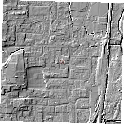 Shaded relief map of the ground around EN88UE, computed from Environment Agency LiDAR. The ground here sits at about 21 m above sea level and falls 8 m across the surrounding 800 m. Surface water reaching this point runs off ground lying to the west, 1.5 m higher.