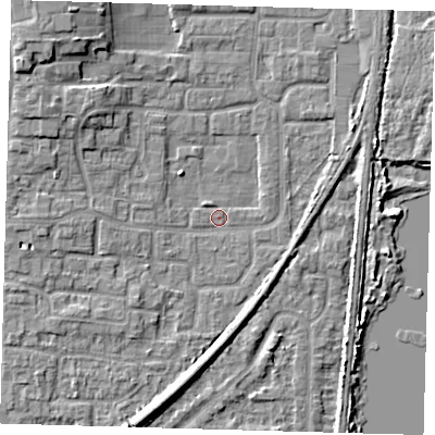 Shaded relief map of the ground around EN88UF, computed from Environment Agency LiDAR. The ground here sits at about 20 m above sea level and falls 8 m across the surrounding 800 m. Surface water reaching this point runs off ground lying to the south-south-west, 5.5 m higher.